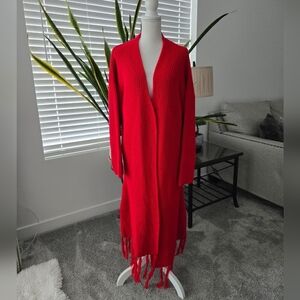K. Jordan Sweater Knit Red Fringe Long Cardigan Duster. Size Large. New without